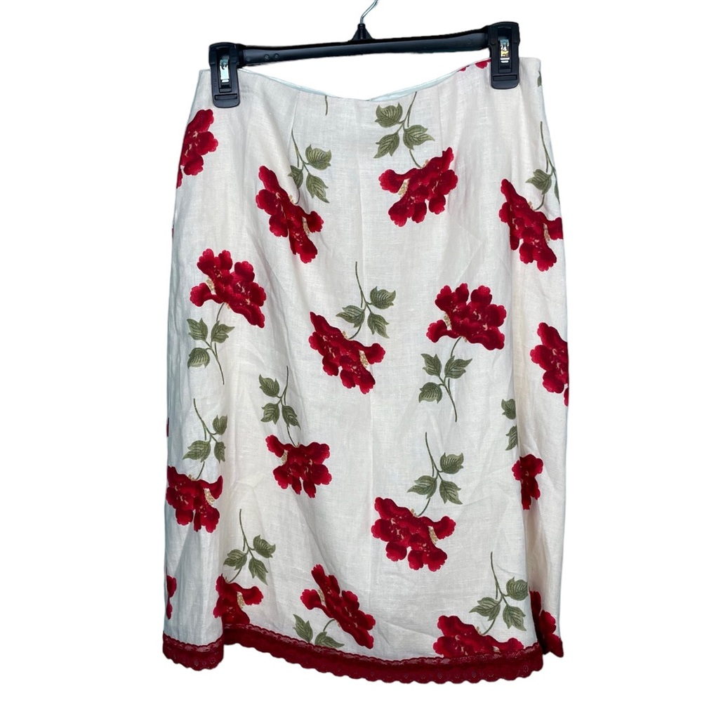Mica Red Floral Linen MIDI Skirt Size 6